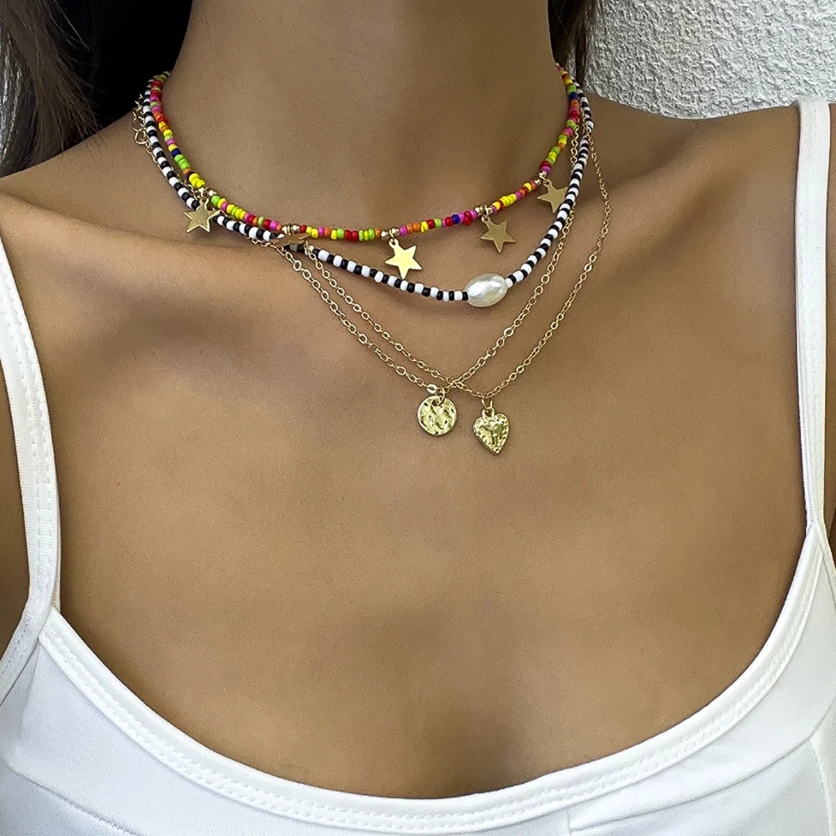 

Boho Colorful Seed Beads Short Choker Necklace for Women Trendy Layered Chian with Heart/Stars Pendant Necklace Set 2022 Fashion