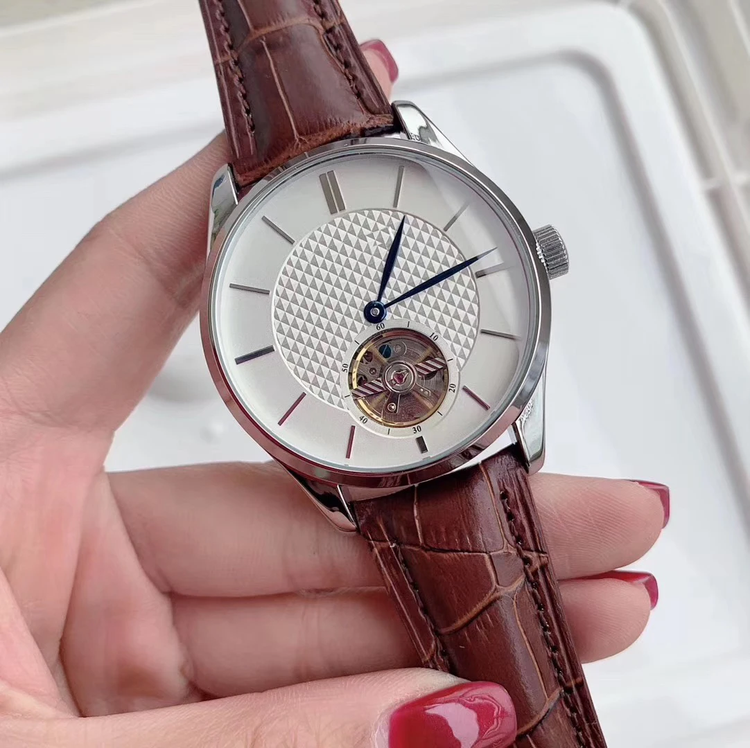 

mens mechanical watch automatic brown leather black white tourbillon