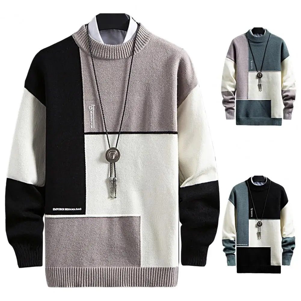 

2022 autumn and winter new sweater warm fashion stitching color matching pullover round neck sweater thickened knitted sweater