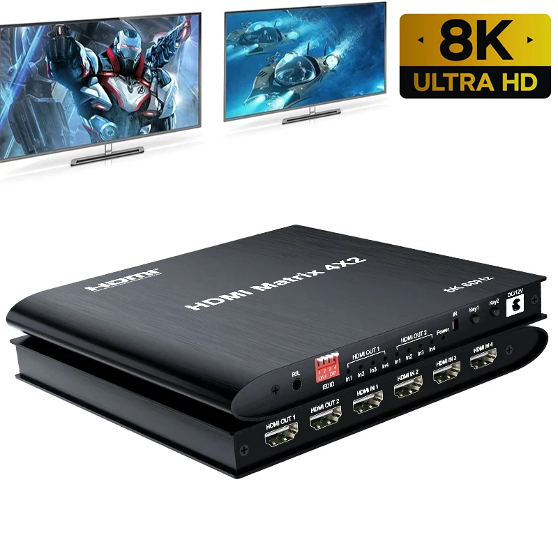 

8K 60Hz HDR HDMI Matrix 4x2 HDMI True Matrix Switch 4 in 2 out 4K@60Hz Video Audio Splitter Switcher for PS4/5 HDTV PC Monitor
