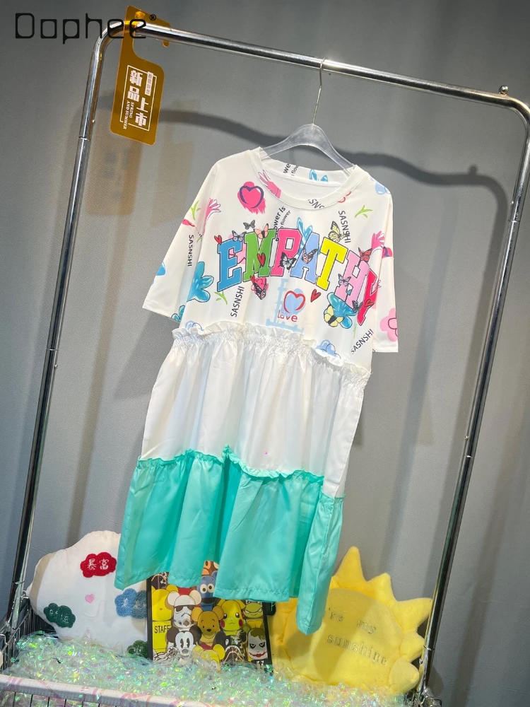 

Модное платье с принтом для женщин, Новинка лета 2023, модное платье-футболка с коротким рукавом и мультипликационным принтом, женское свободное облегающее платье средней длины