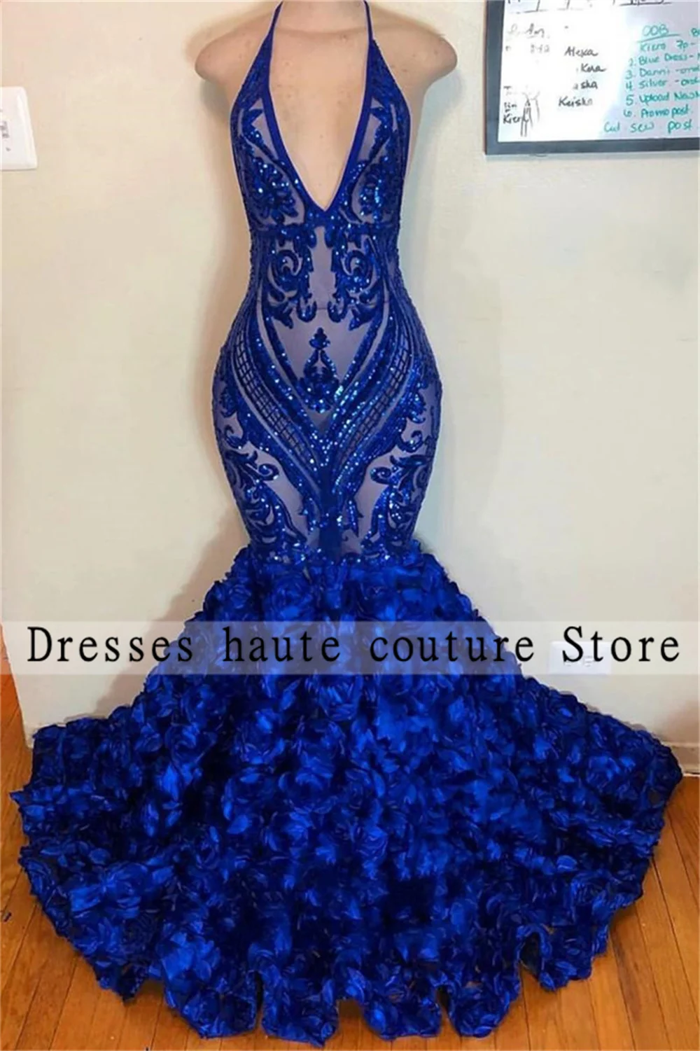 

Royal Blue Sequins Mermaid Prom Dresses 2023 For Black Girls Halter 3D Folwer Formal Party Gown Graduation Dress Robe De Bal