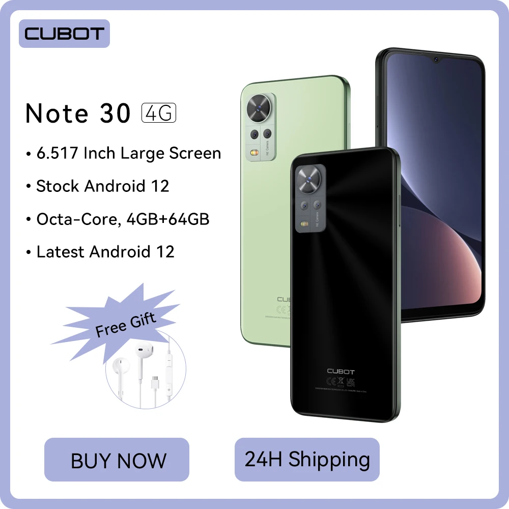 Cubot Android Smartphone-Note 30, Octa-core, 4GB+64GB (256GB Extended), 6.517-Inch Screen, 4000mAh, 20MP,Dual SIM, Face ID, OTG