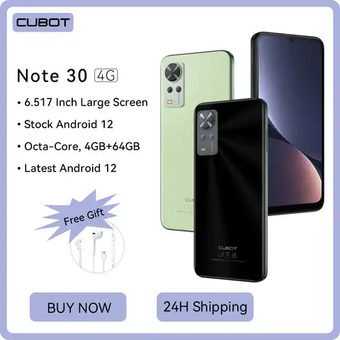 Cubot Note 30, смартфон 2022 новинки, 8 ядер, 4 ГБ + 64 ГБ (расширенная 256 ГБ), 6,517-дюймовый экран, 4000 мАч, 20 МП, две SIM-карты 4G телефон,телефоны смартфоны, ...