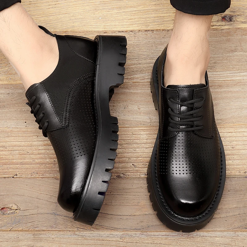 New Spring Summer Breathable Men Shoes Real Leather Designer Shoes Men Height Increasing Loafers Luxury Lace-up Dress Shoes