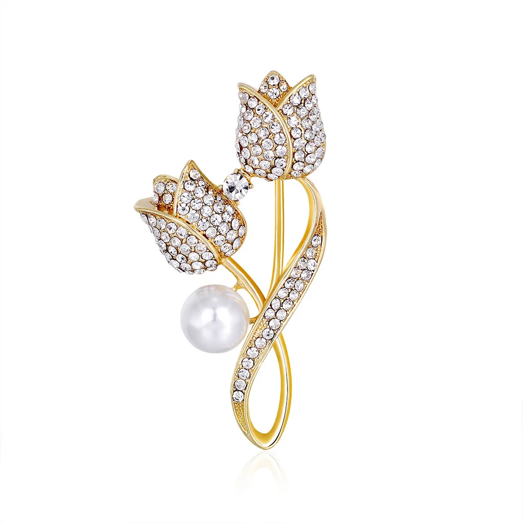 

Rhinestone Flower Brooches for Women Elegant Pearl Tulip Flower Bouquet DIY Lapel Pins Wedding Party Badge Jewelry