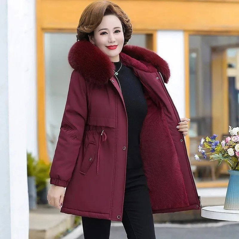 

2022 парка с флисовой подкладкой, зимнее пальто для женщин среднего возраста, куртка с хлопковой подкладкой и меховым воротником, утепленные ...