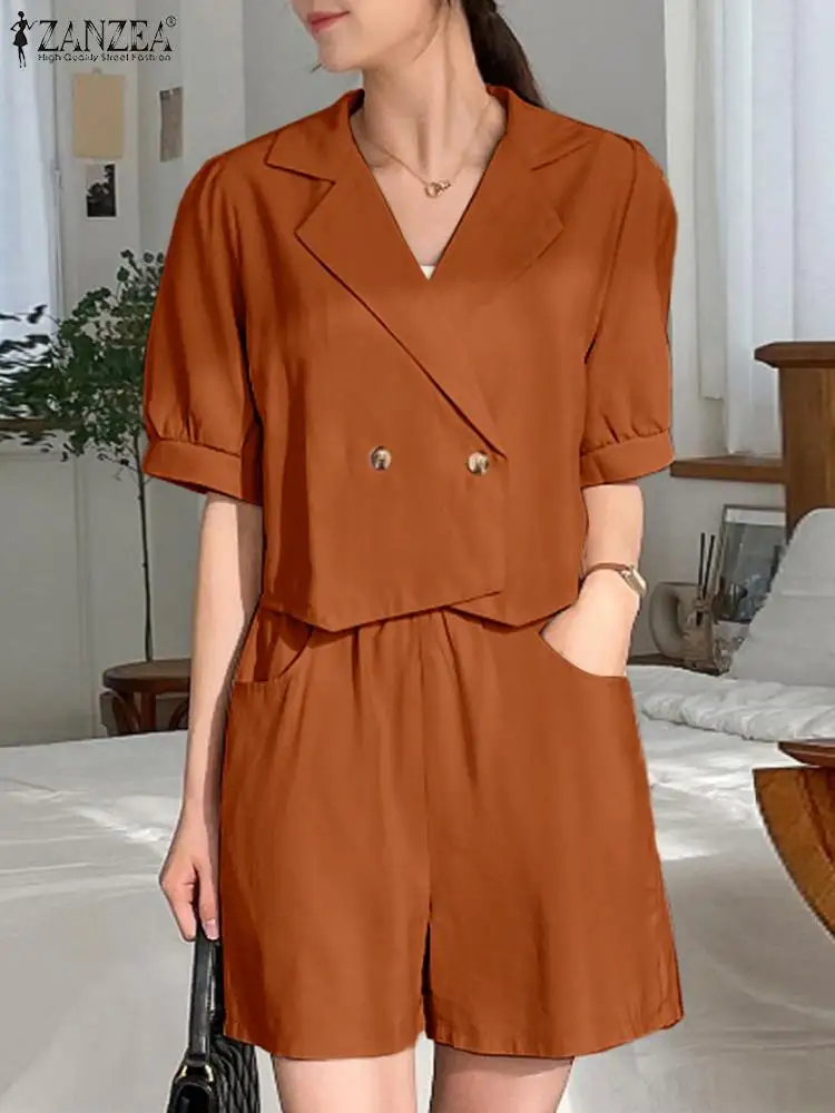 

Женские Элегантные короткие комплекты ZANZEA 2022, офисная одежда, модный короткий топ и шорты с эластичным поясом, повседневный свободный компл...