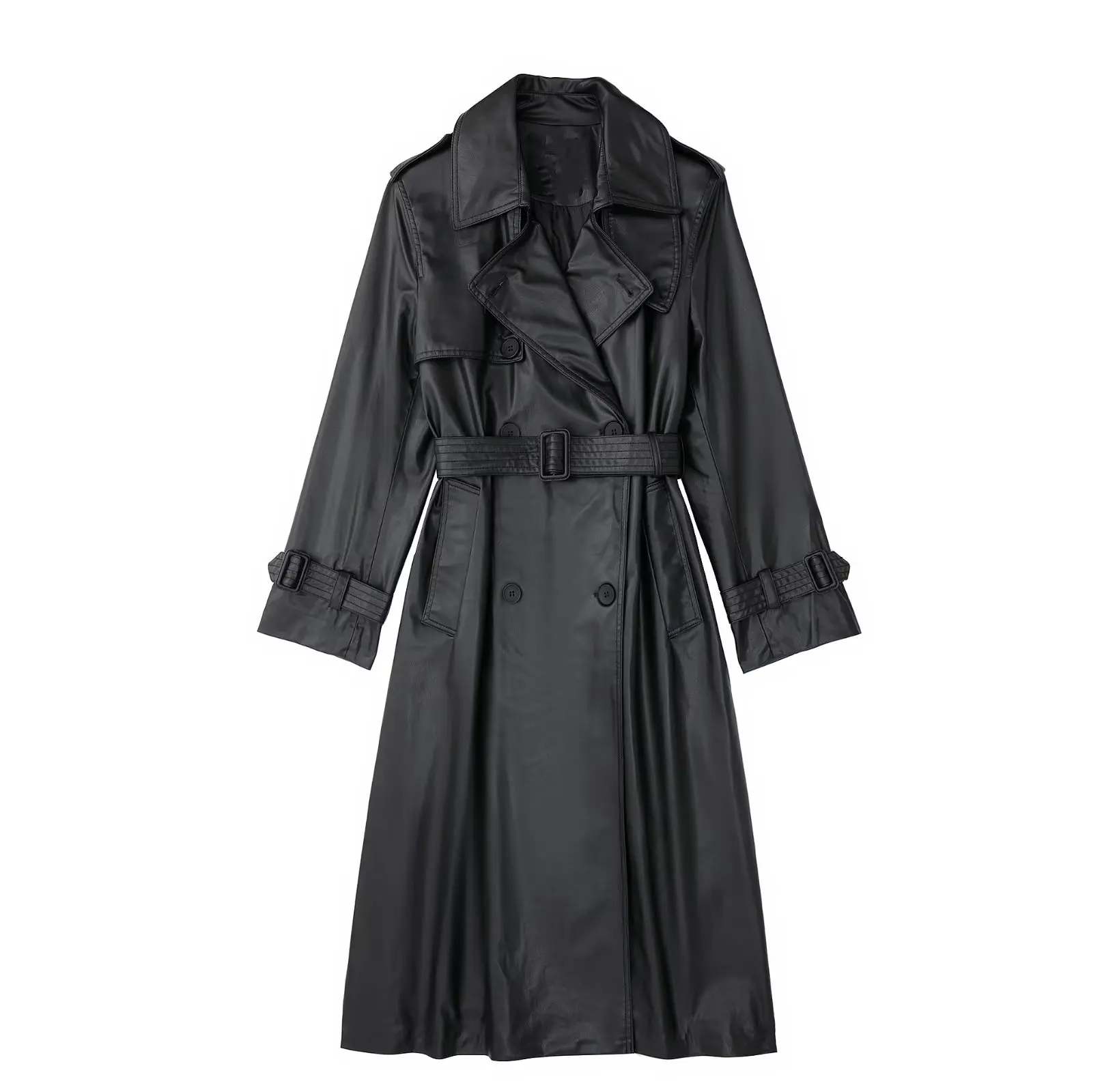 

Fashion Women'S Long Leather Jacket With Pu Belt Double-Breasted Women Spring Trench Coat B285