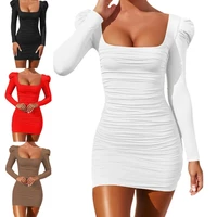 new fashion long sleeve sexy black bodycon dress women square neck ruched backless white elegant mini party dresses for women 20