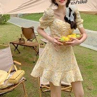 beach elegant ruffles dress korean summer square collar yellow mini dress short sleeve sweet floral printed dress robe y2k 2022