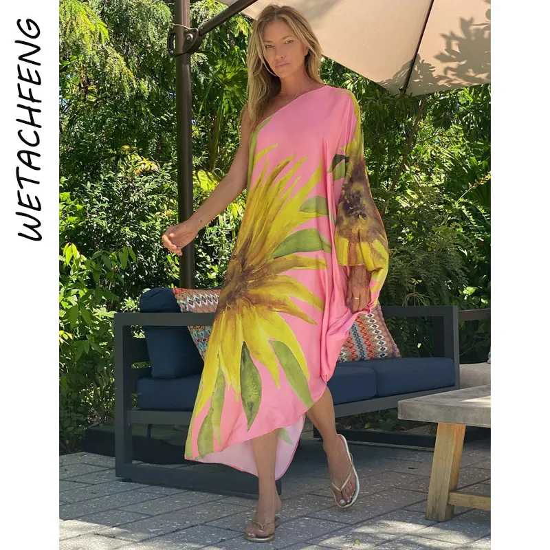 

Summer Sexy Floral Print Dress Women 2022 Fashion Elegant Satin One Shoulder Maxi Robes Beach Boho Party Holiday Casual Vestidos