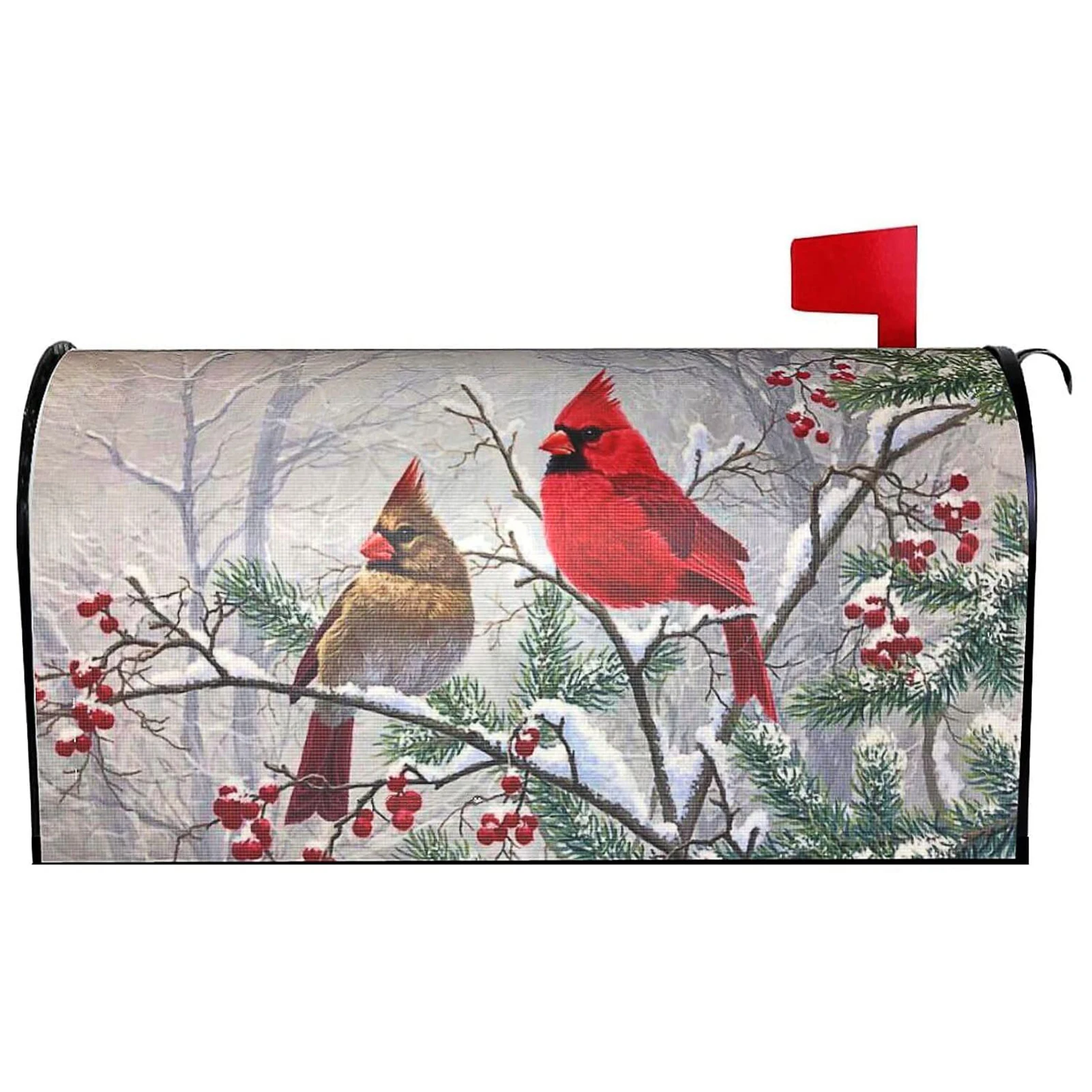 

Cardinals Bird Mailbox Cover Magnetic Standard Size Winter Mailbox Wraps Holly Berry Branches Waterproof Post Letter Box Cover