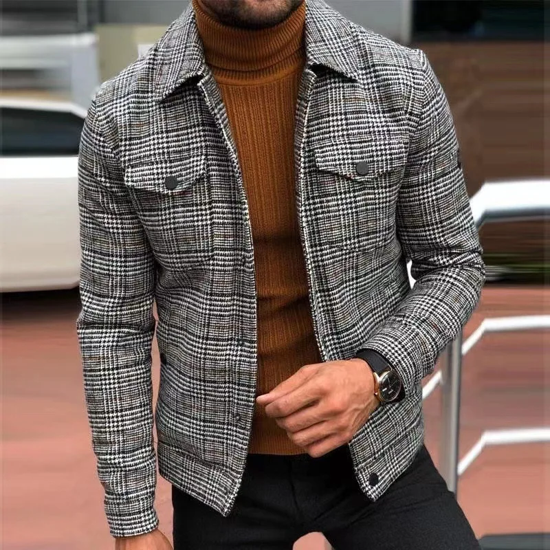 

Wepbel Fashion Jackets Men Long Sleeve Slim-Fit Plaid Single-Breasted Turn-down Collar Coat Men Outwear Pocket Jackets