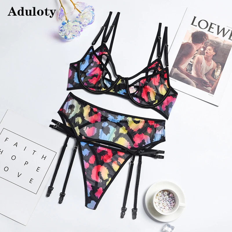 

Aduloty New Women's Sexy Lingerie Summer Thin Section Mesh Printing Perspective Erotic Underwear Underwire Bra Garter Thong Set
