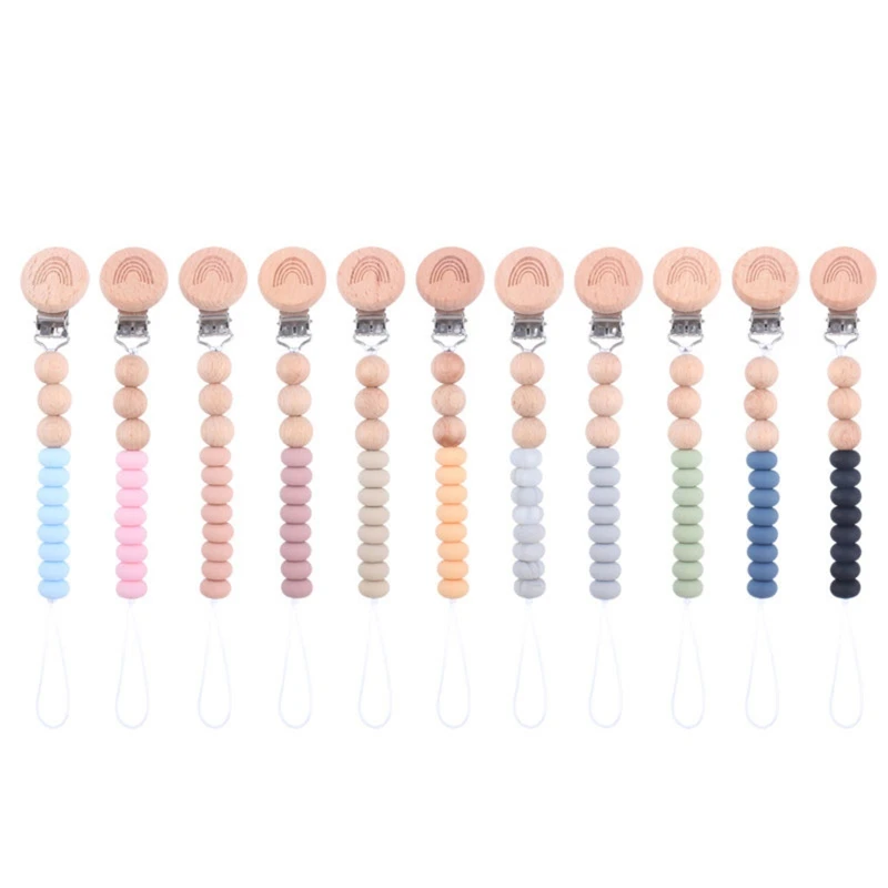 

Baby Pacifier Clip Colorful Flat Silicone Beads Wooden Teething Chain Infant Soothie Nipple Clamp Dummy Holder Teether Chew Toys