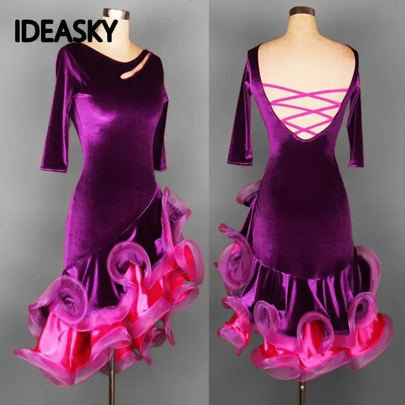 

Latin Dance Dress Long Sleeve Women Competition Adult Purple Black Red Flamenco Costumes Ballroom Salsa Samba Tango Dresses