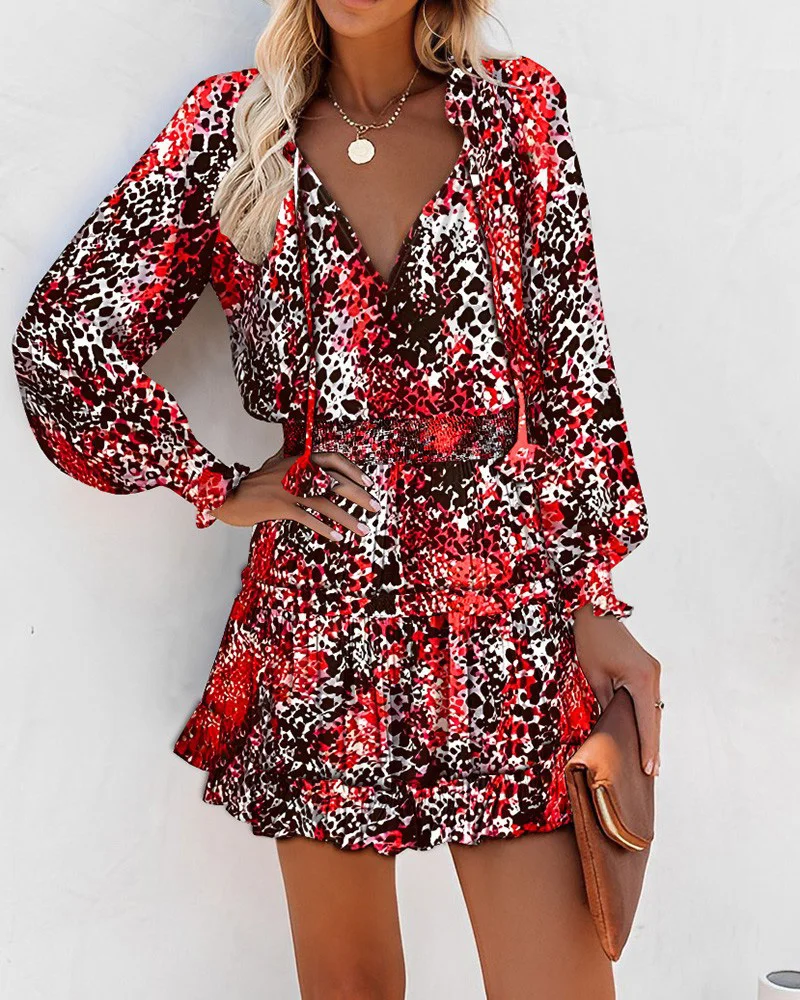 

Vintage Colorful Floral Printed Party Dress Women Spring Summer Elegant V-Neck Drawstring Ruffle Mini Sundress Casual Cover-ups