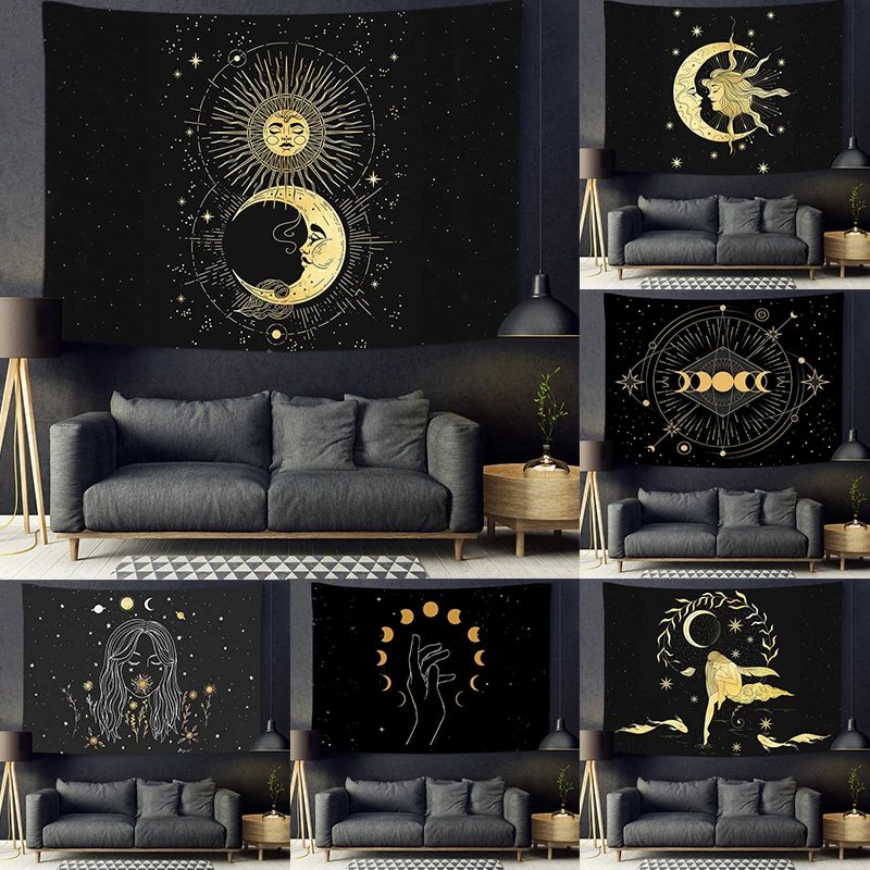 

Подвесной гобелен из полиэстера с изображением Луны и солнца, Затмение солнечной энергии, золотая линия, мифологическая история, настенная ...