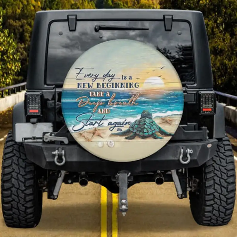 

Everyday Is A New Beginning, Spare Tire Cover, Sea Turtle Cover, Sea Sunset Cover, Watercolor Art Car Accessories
