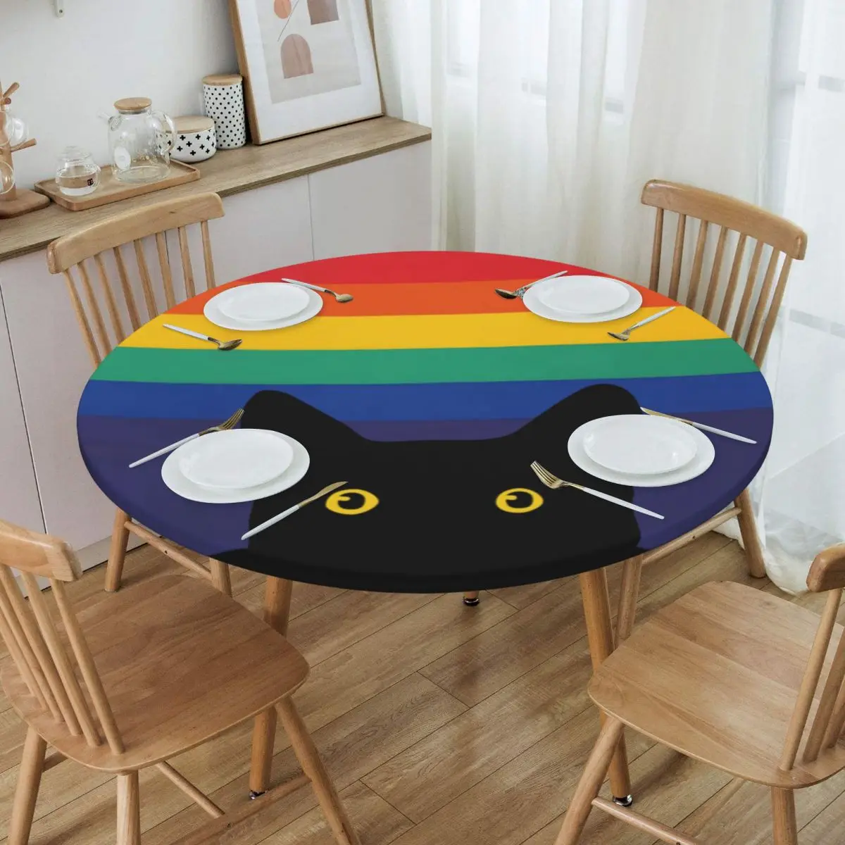 

Peeking Cat In Rainbow Circle Tablecloth Round Elastic Oilproof LGBT Gay Pride Table Cover Cloth for Banquet