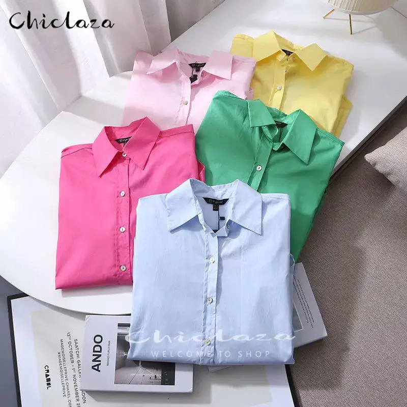 

CHICLAZA 2022 Spring Autumn Women Fashion Long Sleeve Shirt Female Solid Colors Simple Loose Casual Blouses