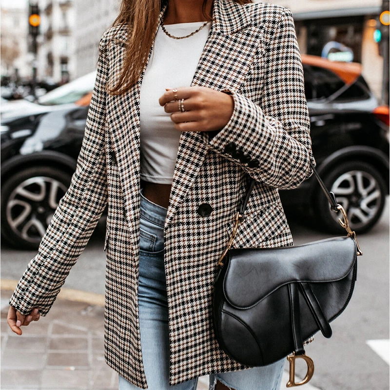 Fall 2023 Long-sleeved Fashion Plaid Suit Collar Double-breasted Slim Slimming Suit Temperament Commuter Jacket Women's Clothing