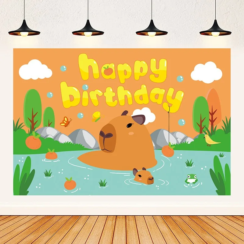 

Милый мультяшный фон с капибарой на день рождения: принесите роман, гобелены, украшения для вечеринок