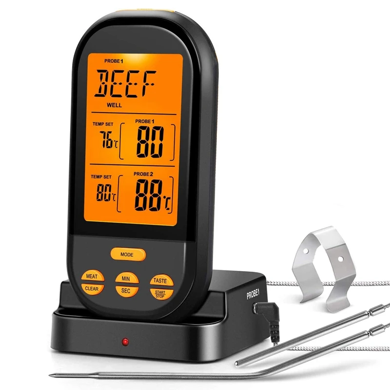 

Беспроводной термометр для мяса, цифровой термометр для приготовления пищи с ЖК-дисплеем, таймер, пищевой термометр с сигналом тревоги и дв...
