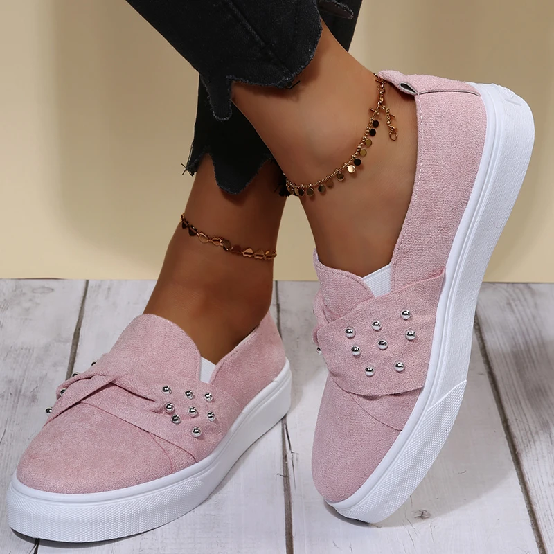 

Женские кроссовки на платформе, Вулканизированная подошва, без шнуровки, удобная повседневная обувь с заклепками, черные