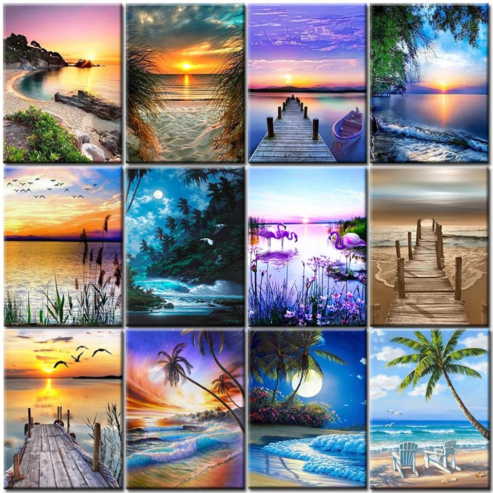 

Diamond Painting Seaside Art 5D DIY Diamond Embroidery Mosaic Sunset Full Square Round Drill Landscape Home Decorations Gift