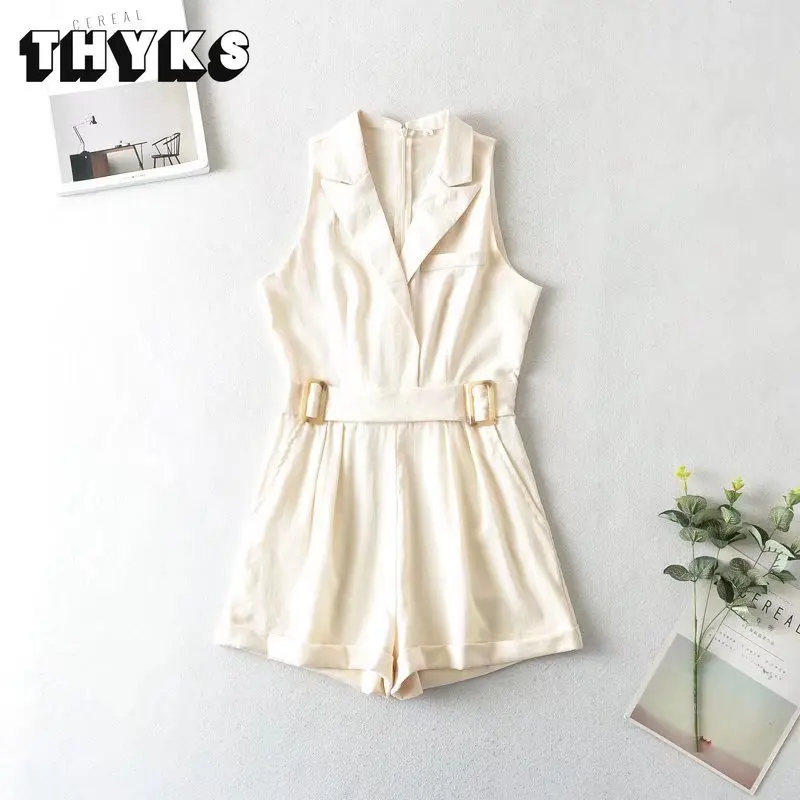 

Женский комбинезон с воротником-поло, однотонный комбинезон в европейском и американском стиле без рукавов, с поясом на талии и короткой юбкой, на лето