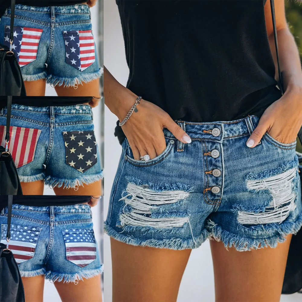 

2023 Women's New American Flag Print Shows Thin Holes and a Row of Button Denim Shorts