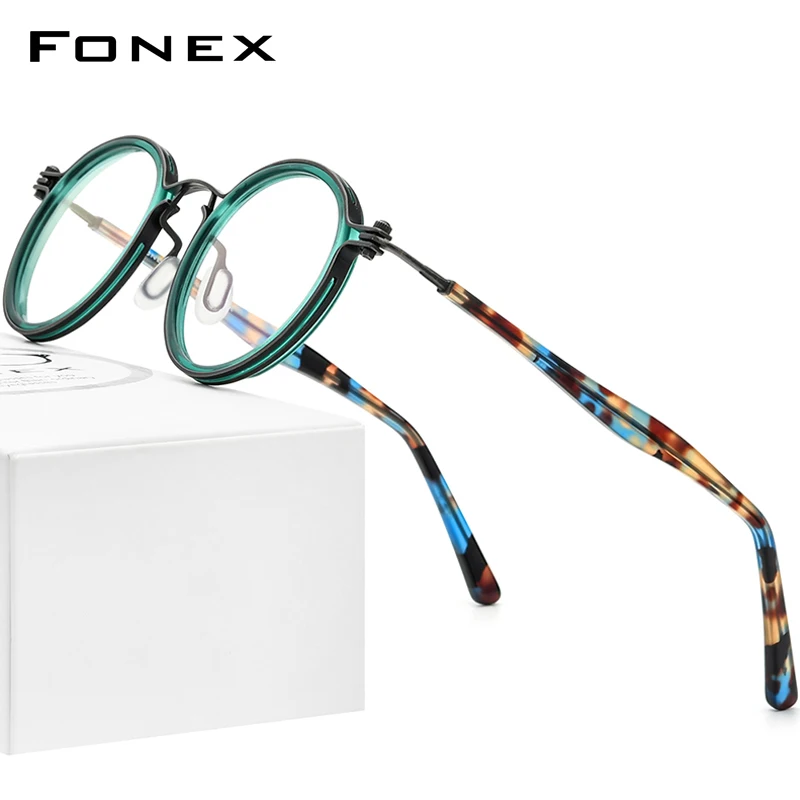 FONEX Acetate Titanium Glasses Frame Men Vintage Round Prescription Eyeglasses Women Optical Spectacles Korean Eyewear F85693