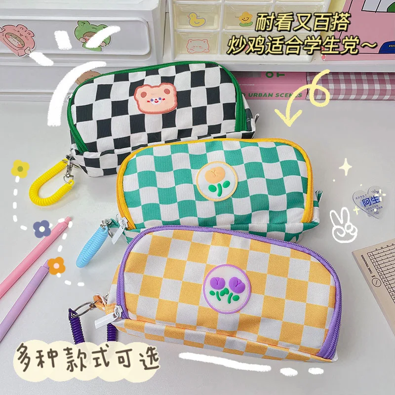 

Chessboard Grid Cartoon Pencil Case Large Capacity Canvas Stationery Bag Student Niche Pencil Stationery Box