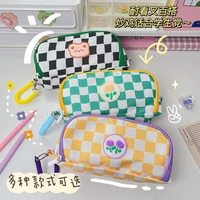 chessboard grid cartoon pencil case large capacity canvas stationery bag student niche pencil stationery box
