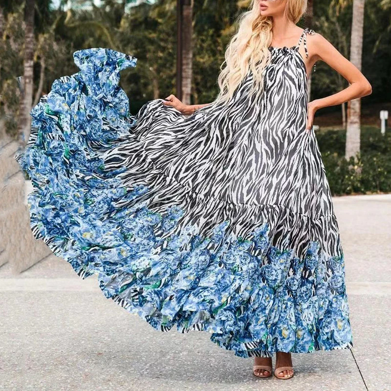 

Women Bohemian Printed Beach Dress Summer Holiday Sleeveless Lace-up Sling O neck Dress Ladies Fashion Casual Loose Dresses New