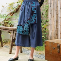 2022 chinese ethnic style embroidered wide leg pants straight tube loose asymmetric design high waist retro style womens pants