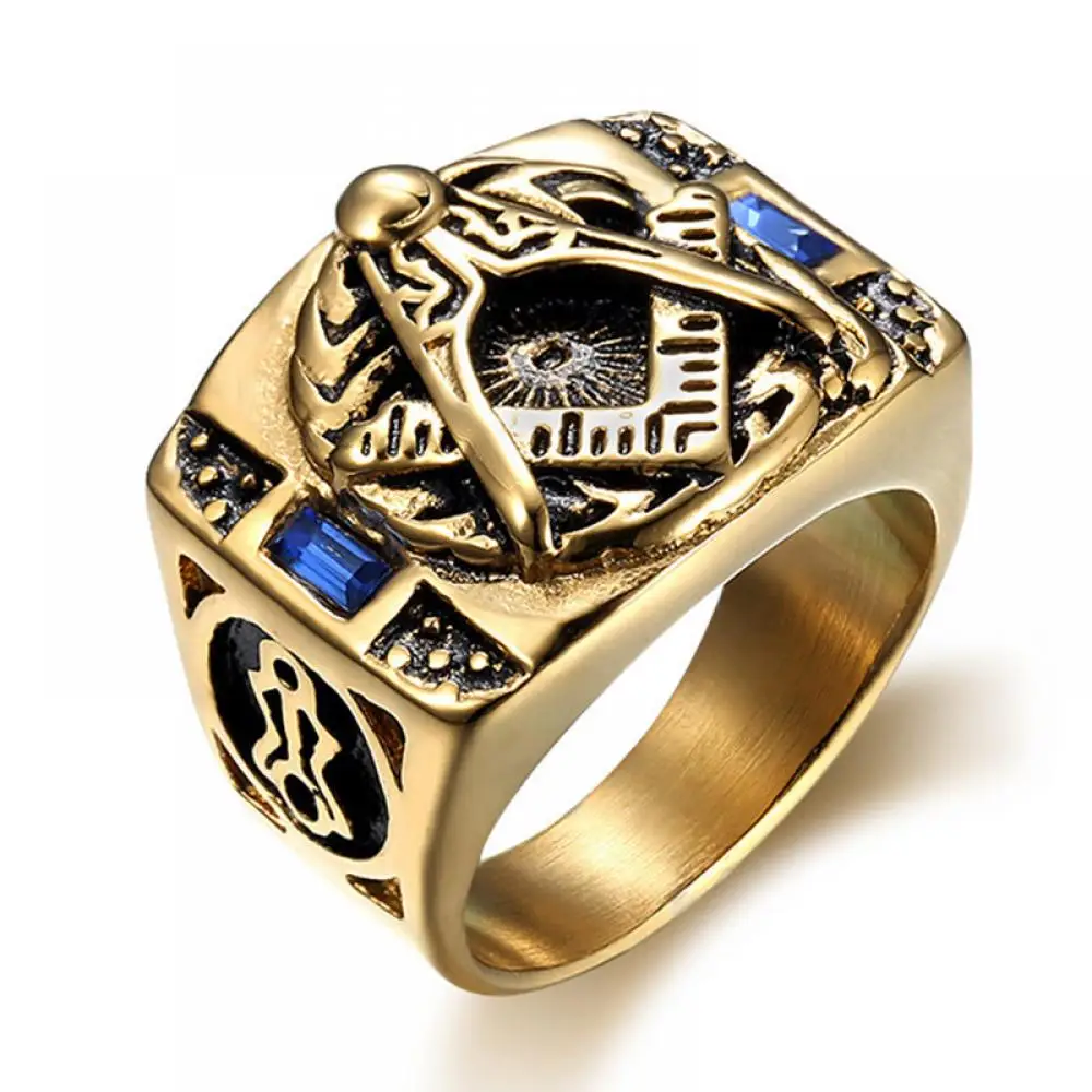 

Hip-Hop Rock Cool Handsome Men's Ring Retro Freemason Inlaid Blue Gemstone Punk Style Accessories Gift for Men