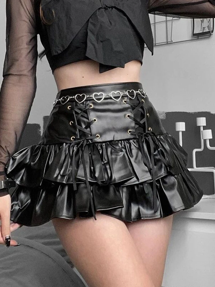 

2023 New Mall Goth Punk PU Skirt Women Dark Gothic Vintage Bandage High Waist Lolita Skirt Harajuku Streetwear Emo Alt Clubwear
