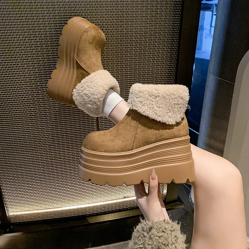 10CM Women Fur Snow Boots Suede High Heels Cotton Shoes Short Plush Casual Platform Ankle 2025 Trend Winter Warm Botas