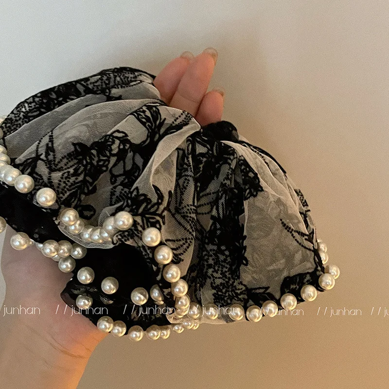 

Large Embroidered Pearl Large Intestine Hair Band Mori Style Ponytail Hair String Rubber Band Female Hairtie Headwear New