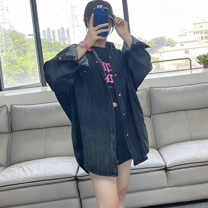 Блузка Hecisuz Новинка осени 2022 черный ретро Топ в полоску с длинными рукавами