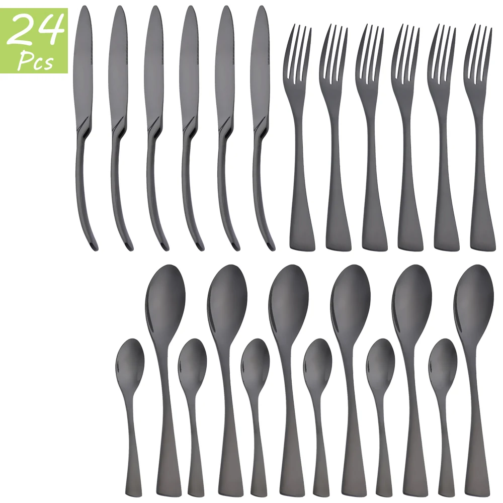 

24Pcs Mirror Stainless Steel Tableware Cutlery Set Black Dinnerware Dinner Knives Fork Coffee Spoon Silverware Kitchen Flatware