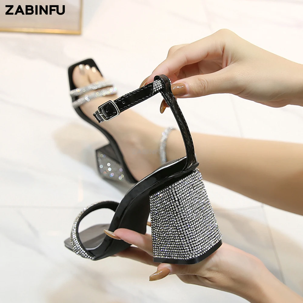 T-strap Women Block Heeled Sandals 2023 Summer Rhinestone Two Strap Women Sandals Square Toe Chunky Heel Party Prom Shoes