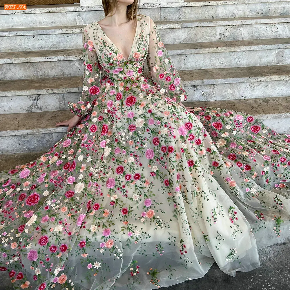 Женские вечерние платья WEIJIA в стиле бохо с V-образным вырезом и длинными рукавами