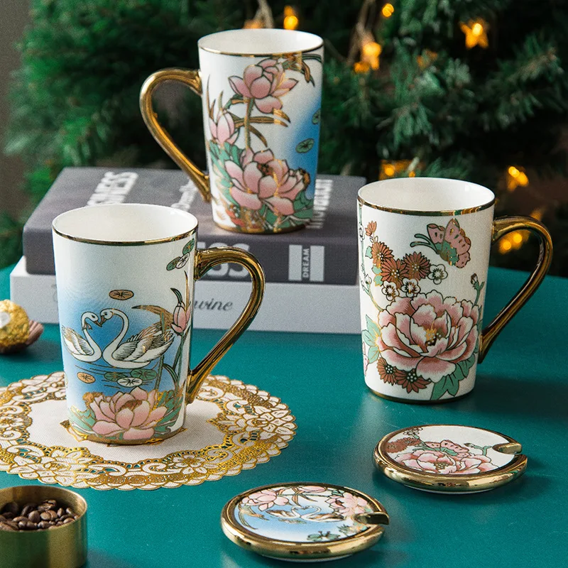 

European Style Gold Wire Ceramic Water Cup Creative Household Mug With Lid Spoon Couple Cups Birthday Gift Wedding Souvenir