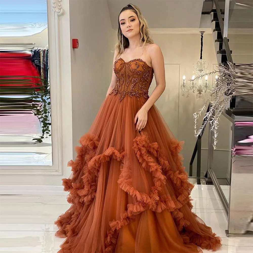 

Sevintage Elegant Tiered Ruffled Tulle Evening Dresses Lace Beading Crystal Pleat Ruched Prom Gowns Wedding Party Dress 2022