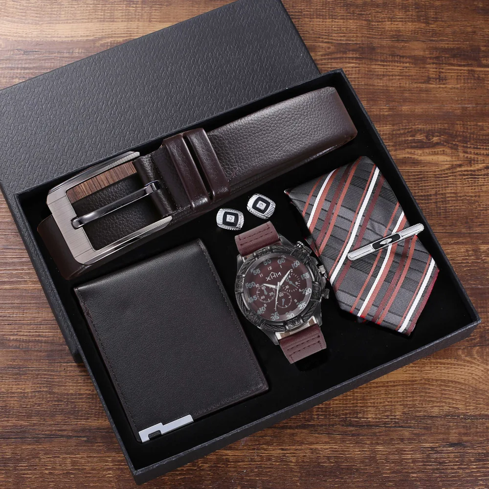 Men's 5pcs Luxury Gift Belt Wallet Tie Dial Quartz Watch Shaver Cufflinks Creative Practical Holiday Gift Set for Husband Father