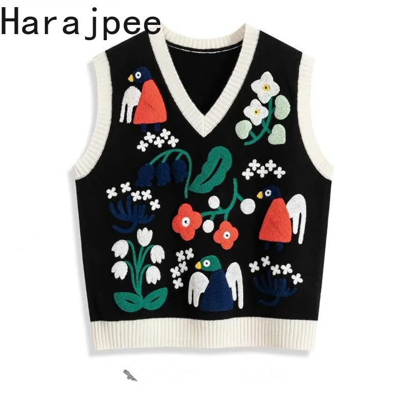 

Harajpee Women Sweater Vest Knitted Floral Embroidered Hedging Sleeveless Fashion Outer Tops 2021 Spring Autumn New Korean Chic